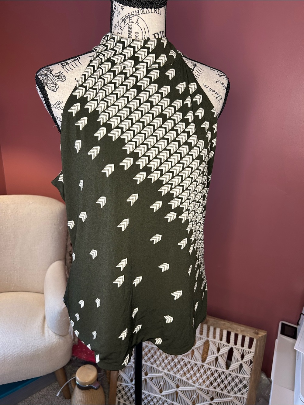 White House Black Market Olive Green & White Halter Tank Top